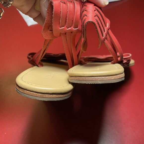L.L.Bean Sandals Womens 7M Red Leather Flat Tassel Slingback Bow Artsy Boho - Picture 7 of 9